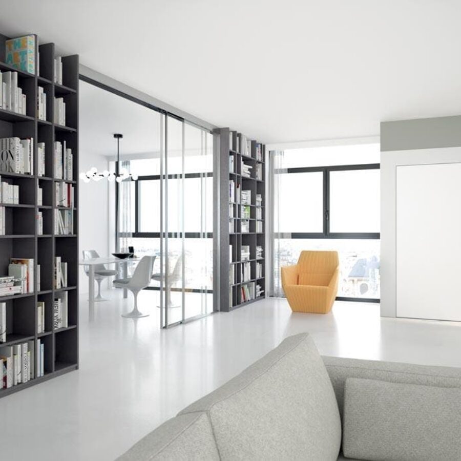 pose d'un paroi séparatrice en verre et bibliothèque