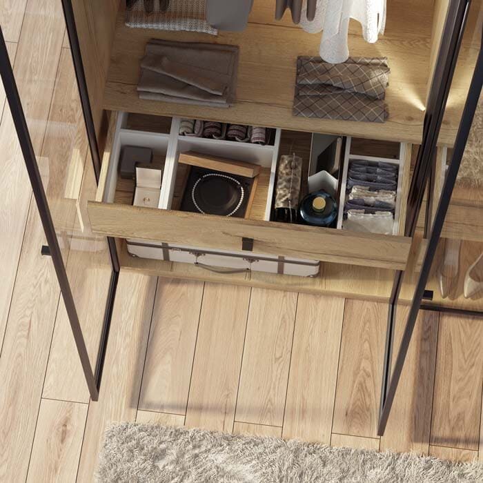 Portes battantes vitrées sur mesure avec charnières invisibles tiroir bois Halifax Agencements MG Montpellier