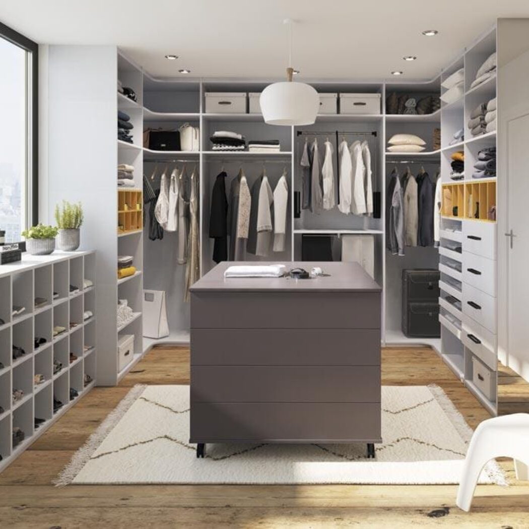 agencements mg montpellier amenagement dressing en u avec ilot central en bois de couleur gris