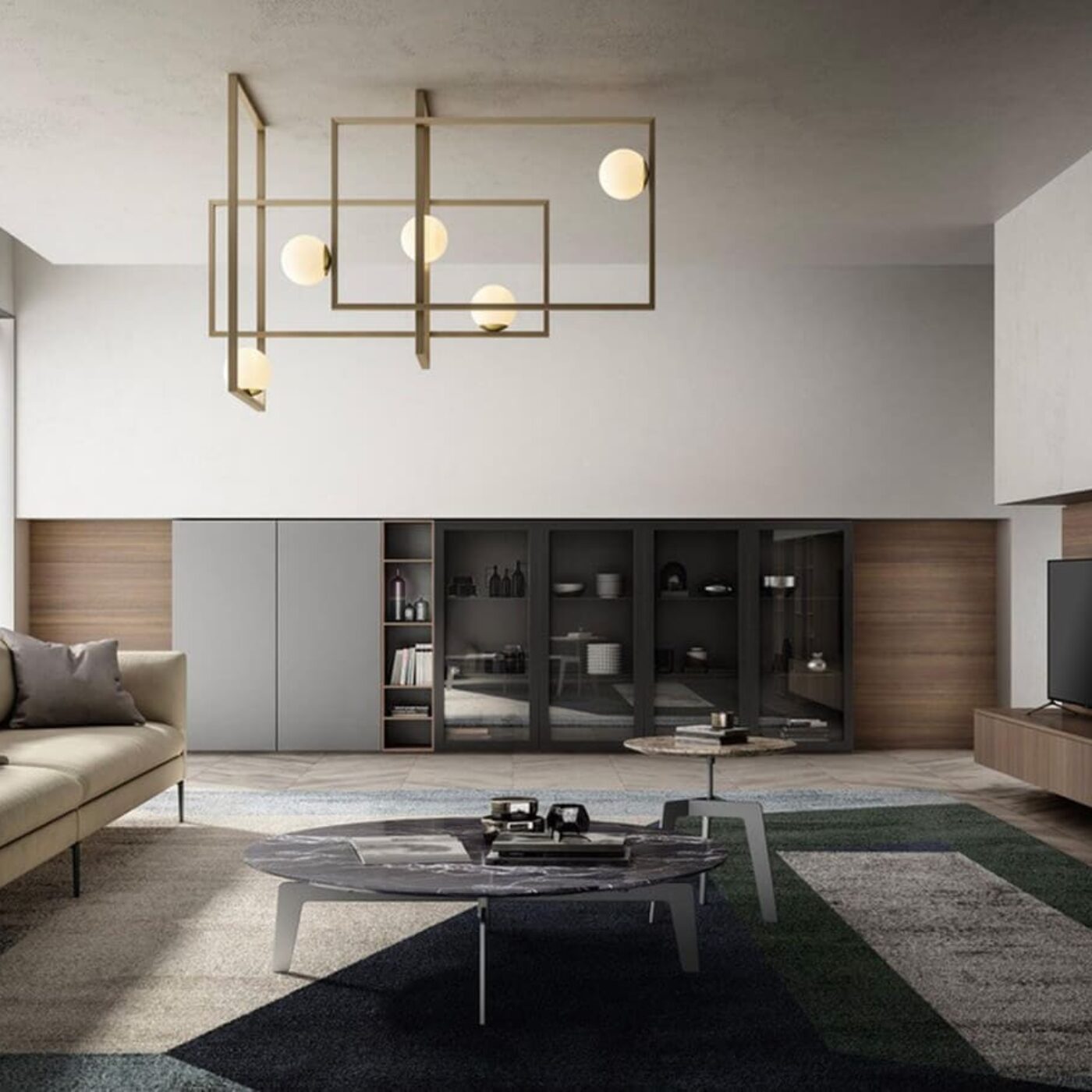 agencements mg montpellier amenagement sejour living meuble tv étagères toute hauteur en bois foncé