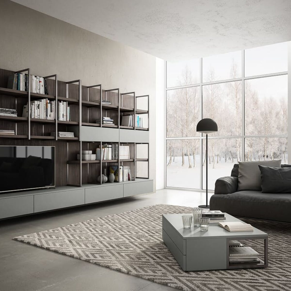 agencements mg montpellier amenagement sejour living nombreuses étagères suspendues