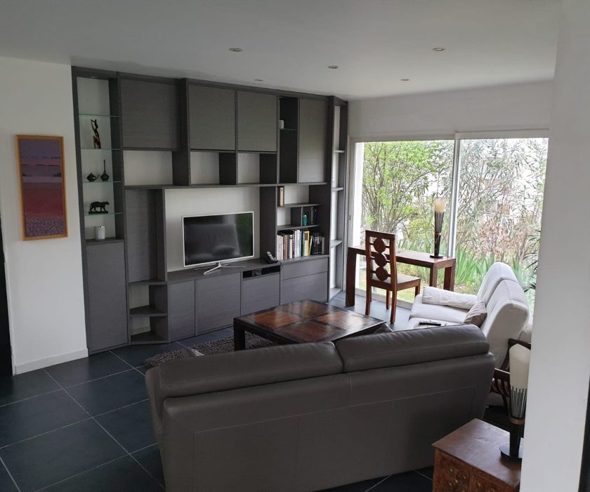 Biblitohèque niche et meuble TV séjour en bois nomreuses étagères agencement mg montpellier