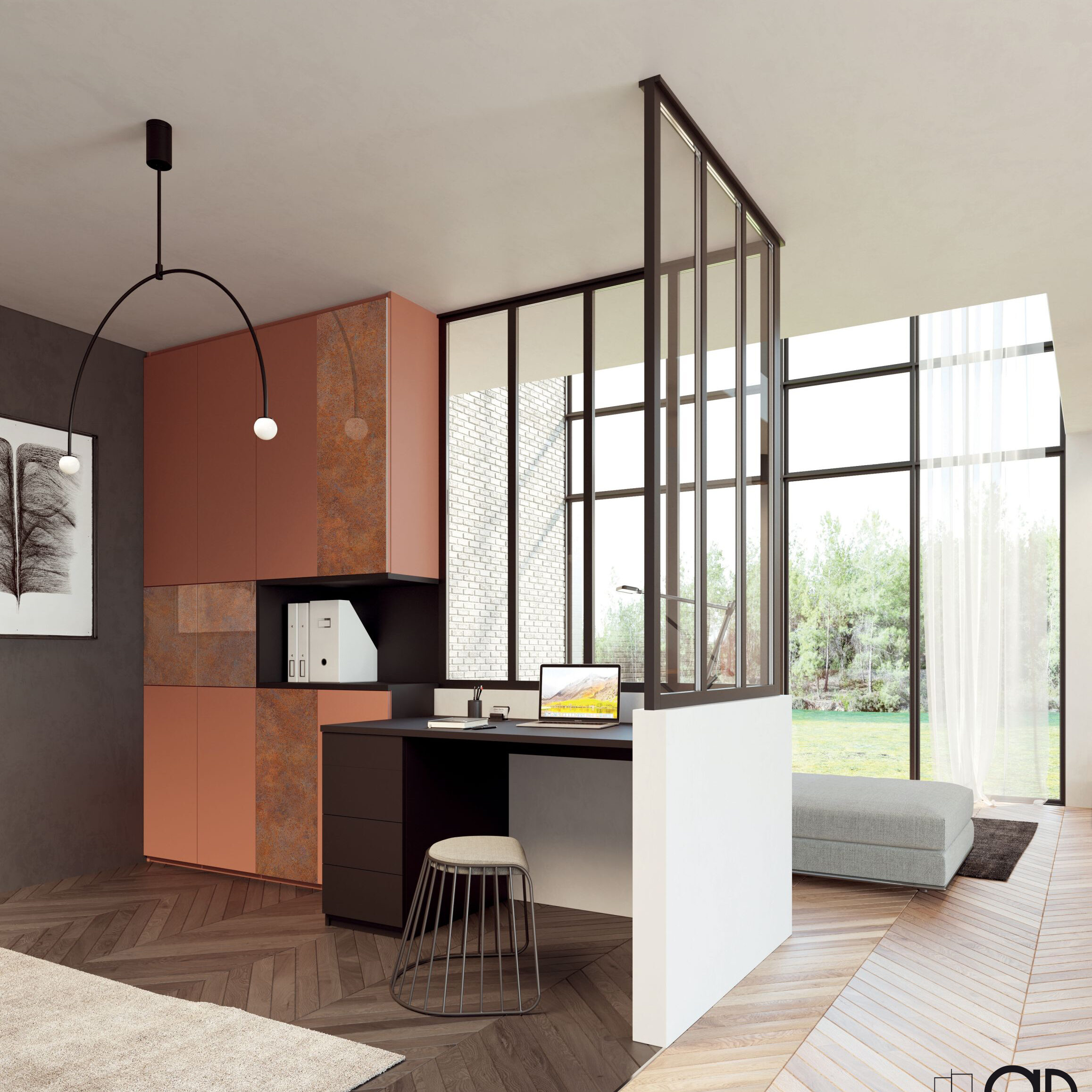 Aménagements sur mesure bureau et verrière terracotta