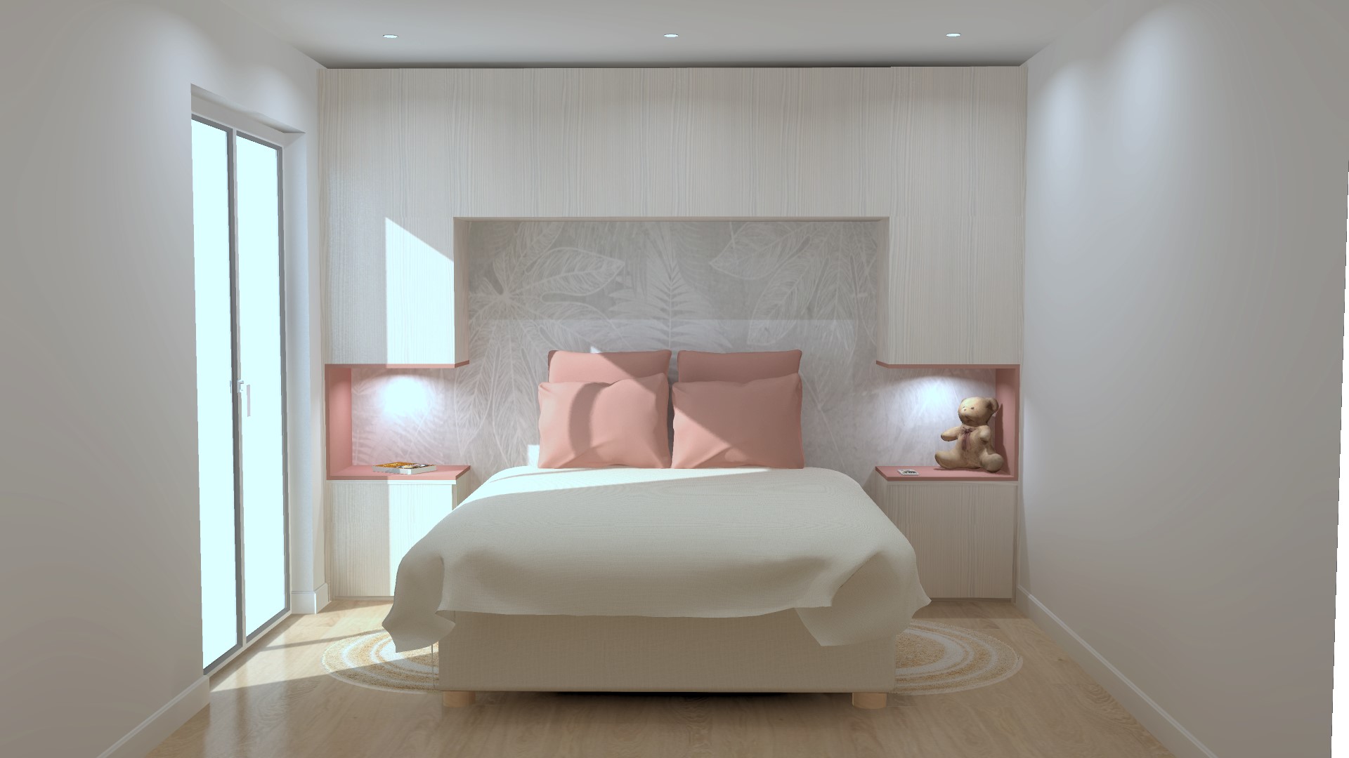 Aménagement sur mesure au dessus du lit pour optimiser l'espace avec des chevets intégrés et des niches par Agencements MG à Montpellier.