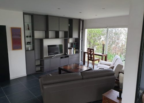 Biblitohèque niche et meuble TV séjour en bois nomreuses étagères agencement mg montpellier