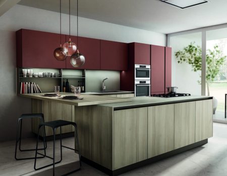 cuisines avec ilot central sur mesure agencements mg mauguio a montpellier de couleur rouge et caisson en bois chène clair